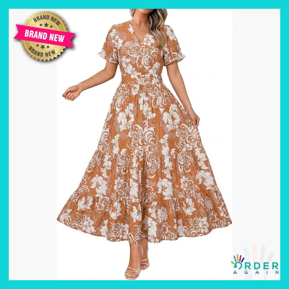 V-Neck Puffy Sleeve Maxi Dress Flowy Boho Casual Summer with Pockets